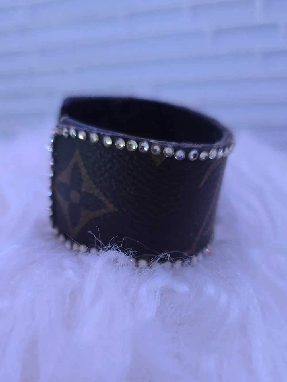 Designer-Style Brown Monogram Leather Cuff Bracelet with Crystal Trim